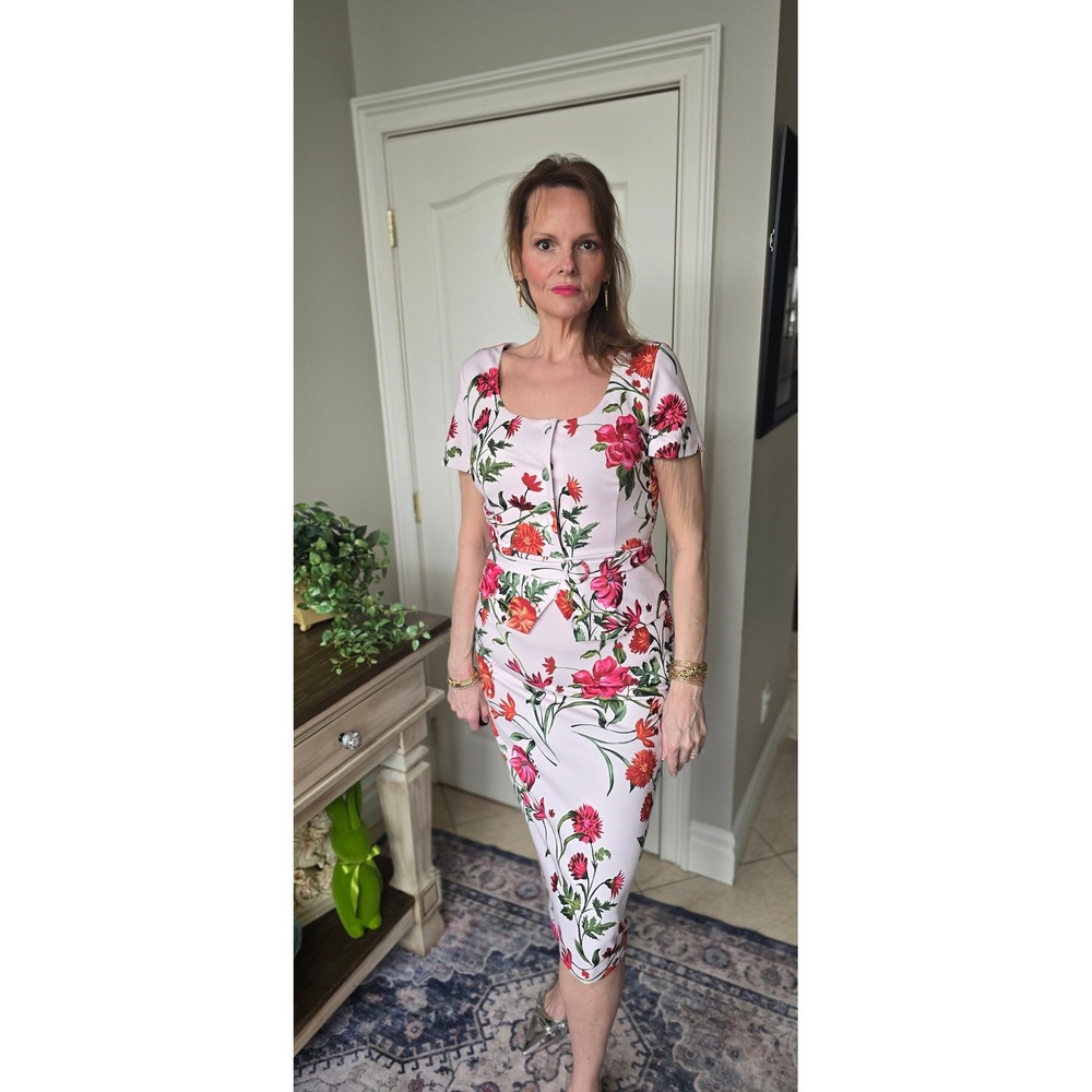 Floral Peplum Midi Dress Pink Short Sleeve Button Front Gold‎ Zipper Back